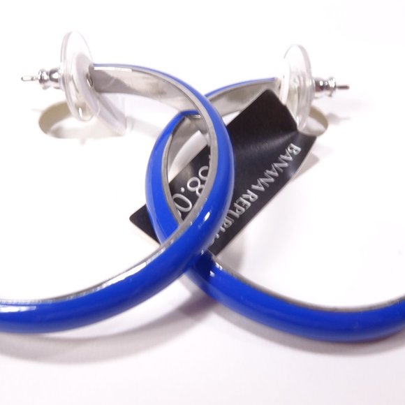 Banana republic  NAVY BLUE Enamel SILVER Hoop Earrings NWT 38 - Picture 3 of 9